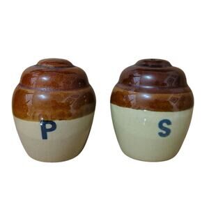 1970s Vintage Cruet Set Salt and Pepper Brown Cream Round Glazed Ceramic Shakers